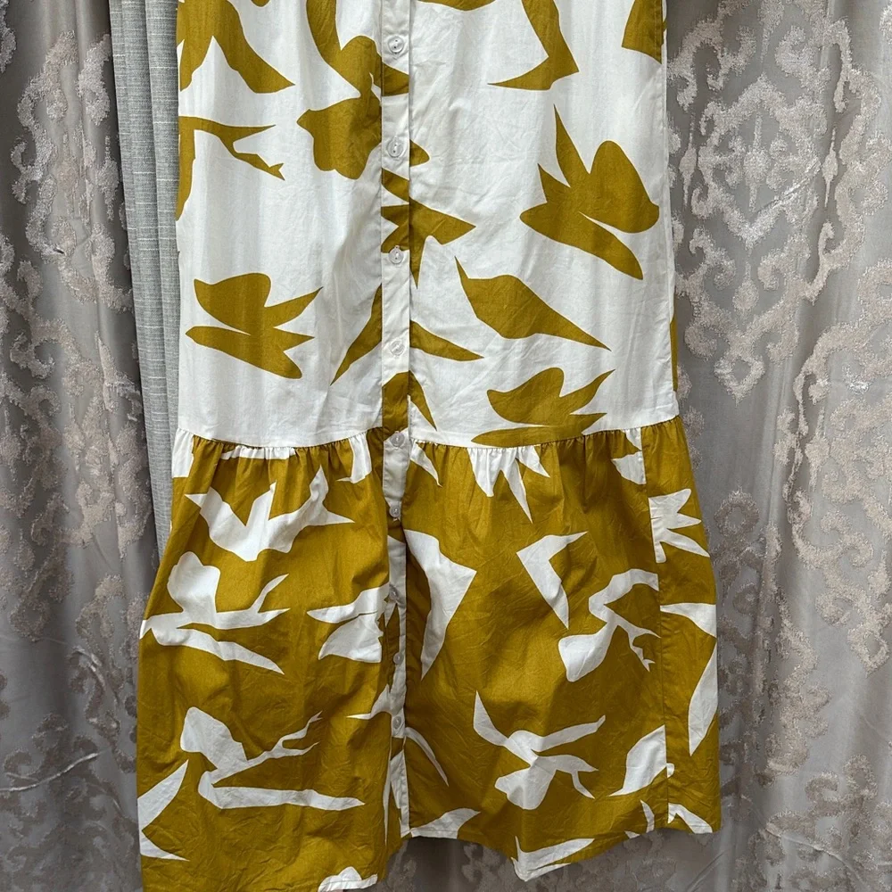 Naoo Floral White and Gold Button-Down Cotton Short Sleeve Dress Size Large - Picture 5 of 7